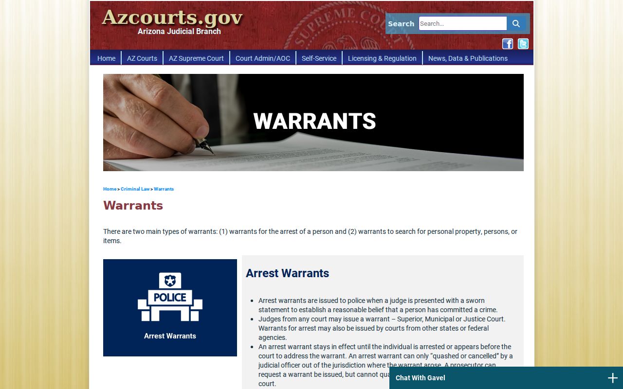 Arizona Courts official arrest bench and search warrant guidance